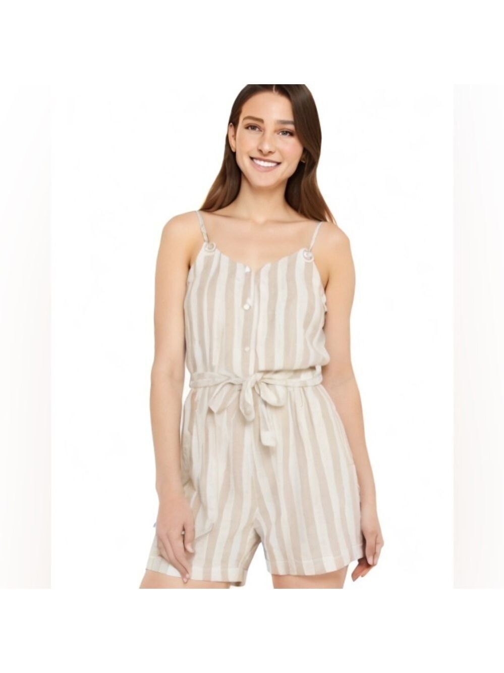 Coco + Jaimeson White And Tan Striped Tie Waist Linen Romper